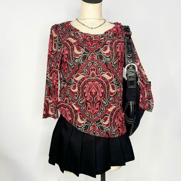 Fairlycore Red Black Tan Paisley Print Mesh Cowl Neck Top Shirt  Fairy - Picture 1 of 7
